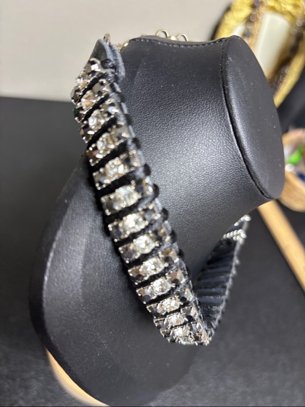 Rocker Chic Rhinestone Studded Chain Black Leather Choker Necklace - Picture 4 of 6